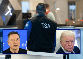 (Background) A TSA agent works at a security checkpoint at Ronald Reagan National Airport in Arlington, Virginia, on March 9, 2026. (Photo by Aaron Schwartz / AFP via Getty Images) / (L) CEO of SpaceX and Tesla, South African-Canadian-US businessman Elon Musk speaks during the World Economic Forum (WEF) annual meeting in Davos on January 22, 2026. The World Economic Forum takes place in Davos from January 19 to January 23, 2026. (Photo by Fabrice COFFRINI / AFP via Getty Images) / (R) U.S. President Donald Trump speaks to members of the media onboard Air Force One out of West Palm Beach, Florida on March 15, 2026 while en route to Joint Base Andrews, Maryland. President Trump returned to Washington D.C. on Sunday following a weekend trip to Florida. (Photo by Nathan Howard/Getty Images)