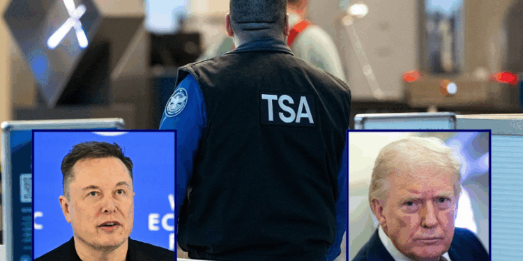 (Background) A TSA agent works at a security checkpoint at Ronald Reagan National Airport in Arlington, Virginia, on March 9, 2026. (Photo by Aaron Schwartz / AFP via Getty Images) / (L) CEO of SpaceX and Tesla, South African-Canadian-US businessman Elon Musk speaks during the World Economic Forum (WEF) annual meeting in Davos on January 22, 2026. The World Economic Forum takes place in Davos from January 19 to January 23, 2026. (Photo by Fabrice COFFRINI / AFP via Getty Images) / (R) U.S. President Donald Trump speaks to members of the media onboard Air Force One out of West Palm Beach, Florida on March 15, 2026 while en route to Joint Base Andrews, Maryland. President Trump returned to Washington D.C. on Sunday following a weekend trip to Florida. (Photo by Nathan Howard/Getty Images)