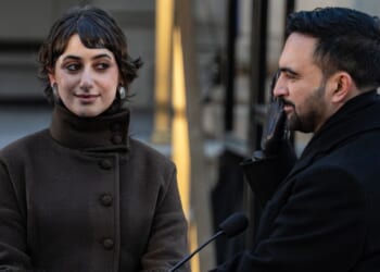 Zohran Mamdani is sworn in as New York City mayor as his wife Rama Duwaji looks on at City Hall on Jan. 1, 2026, in New York City.