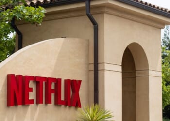 The main entrance to the Netflix headquarters in Los Gatos, California, on May 5, 2022.