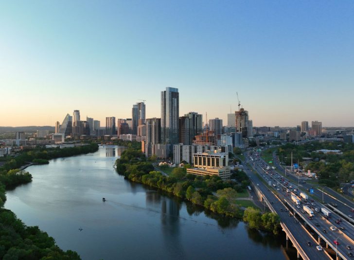 AUSTIN, TEXAS - APRIL 11: In an aerial view, the downtown skyline is seen on April 11, 2023 in Austin, Texas. The city of Austin has been ranked as the top destination of U.S. job markets for the second consecutive year, according to data collected by The Wall Street Journal. (Photo by Brandon Bell/Getty Images)