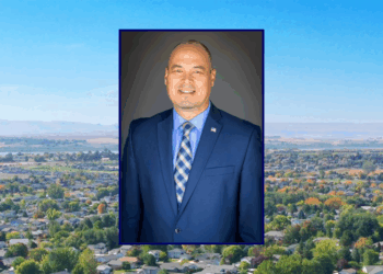 (Background) Aerial view of Nampa, Idaho (via: City of Nampa; cityofnampa.us) / (C) Nampa Mayor Rick Hogaboam (via: City of Nampa)