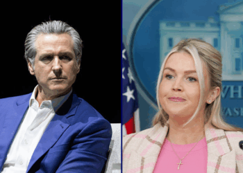 (L) California Gov. Gavin Newsom sits at an event promoting his book "Young Man in a Hurry" on February 28, 2026 in San Francisco, California. Newsom