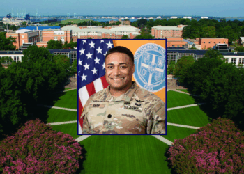 (Background) Aerial view of Kaufman Hall at Old Dominion University in Norfolk, Virginia. (via: odu.edu) / (C) Lt. Col. Brandon A. Shah ’07 (via: odu.edu)