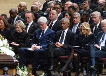 Former Presidents Bill Clinton, Barack Obama, and Joe Biden sit with former US vice president Kamala Harris and former US Secretary of State Hillary Clinton at the funeral service of Rev. Jesse Jackson at the House of Hope arena on March 6, 2026, in Chicago, Illinois.