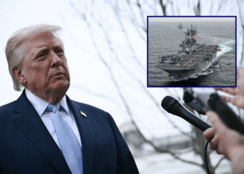 (Backlground) US President Donald Trump speaks to journalists before boarding Marine One as he departs from the South Lawn of the White House in Washington, DC, on March 20, 2026 for his Mar-a-Lago residence, where he will spend the weekend. (Photo by Brendan SMIALOWSKI / AFP via Getty Images) / (R) In this handout photo provided by the U.S. Navy, the amphibious assault ship USS Boxer (LHD 4) transits the East Sea on March 8, 2016 during Exercise Ssang Yong 2016. Ssang Yong 16 is a biennial combined amphibious exercise conducted by forward-deployed U.S. forces with the Republic of Korea Navy and Marine Corps, Australian Army and Royal New Zealand Army Forces. (Photo by MCSN Craig Z. Rodarte/U.S. Navy via Getty Images)