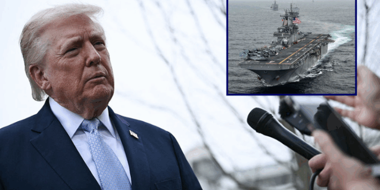(Backlground) US President Donald Trump speaks to journalists before boarding Marine One as he departs from the South Lawn of the White House in Washington, DC, on March 20, 2026 for his Mar-a-Lago residence, where he will spend the weekend. (Photo by Brendan SMIALOWSKI / AFP via Getty Images) / (R) In this handout photo provided by the U.S. Navy, the amphibious assault ship USS Boxer (LHD 4) transits the East Sea on March 8, 2016 during Exercise Ssang Yong 2016. Ssang Yong 16 is a biennial combined amphibious exercise conducted by forward-deployed U.S. forces with the Republic of Korea Navy and Marine Corps, Australian Army and Royal New Zealand Army Forces. (Photo by MCSN Craig Z. Rodarte/U.S. Navy via Getty Images)