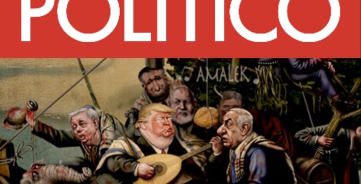 Politico Publishes Cartoon Depicting Trump, Republicans Wearing Blood-Covered Jewish Prayer Shawls, Yarmulkes Amid Bags of Money