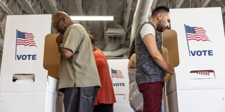 Multiple people vote at a line of polling booths.