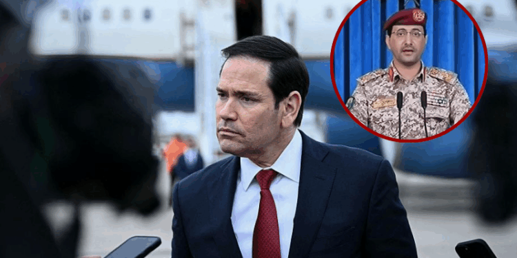 (Background) US Secretary of State Marco Rubio looks on as he speaks to the press following a G7 Foreign Ministers