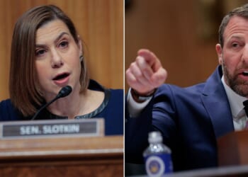 Sen. Elissa Slotkin, a Michigan Democrat, questions GOP Sen. Markwayne Mullin of Oklahoma Wednesday during his confirmation hearing to be the next Secretary of the Department of Homeland Security.
