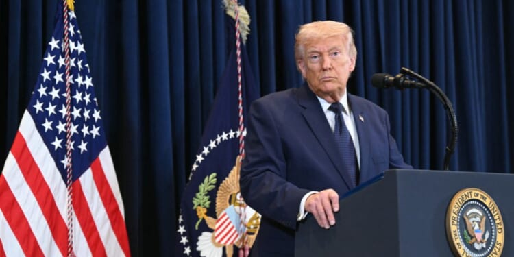 President Donald Trump speaks during a news conference at Trump National Doral in Miami, Florida, on March 9, 2026.
