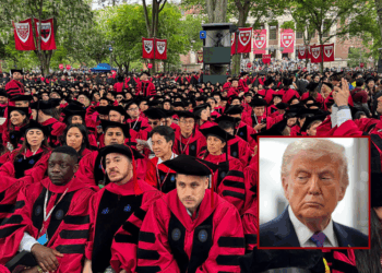 (Background) Graduates gather as they attend commencement ceremony at Harvard University in Cambridge, Massachusetts, on May 29, 2025. US President Donald Trump is furious at Harvard for rejecting his administration