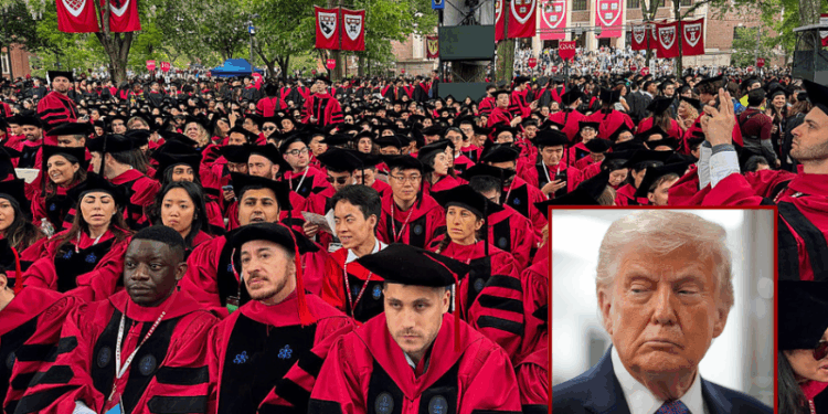 (Background) Graduates gather as they attend commencement ceremony at Harvard University in Cambridge, Massachusetts, on May 29, 2025. US President Donald Trump is furious at Harvard for rejecting his administration