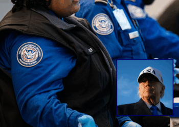 (Background) TSA agents assist travelers in Ronald Reagan Washington National Airport in Arlington, Virginia, on March 13, 2025. US airport security officers missed their first full paycheck Friday as a partial funding shutdown of the government approached the one-month mark, with no breakthrough in a congressional standoff that is beginning to disrupt travel across the country. (Photo by Annabelle GORDON / AFP via Getty Images) / (R) US President Donald Trump speaks to reporters before boarding Air Force One as he departs Joint Base Andrews in Maryland on March 13, 2026. President Trump is heading to Florida to spend the weekend at his Mar-a-Lago resort. (Photo by SAUL LOEB / AFP via Getty Images)