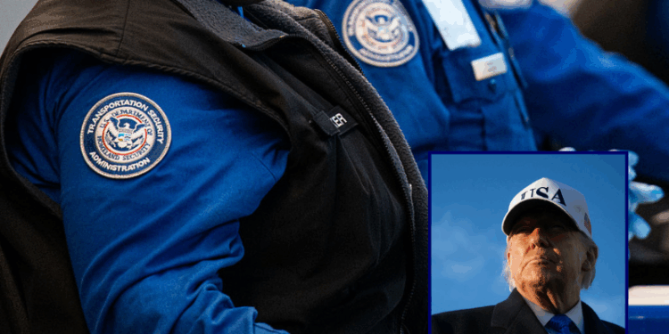 (Background) TSA agents assist travelers in Ronald Reagan Washington National Airport in Arlington, Virginia, on March 13, 2025. US airport security officers missed their first full paycheck Friday as a partial funding shutdown of the government approached the one-month mark, with no breakthrough in a congressional standoff that is beginning to disrupt travel across the country. (Photo by Annabelle GORDON / AFP via Getty Images) / (R) US President Donald Trump speaks to reporters before boarding Air Force One as he departs Joint Base Andrews in Maryland on March 13, 2026. President Trump is heading to Florida to spend the weekend at his Mar-a-Lago resort. (Photo by SAUL LOEB / AFP via Getty Images)