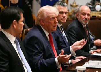 US President Donald Trump speaks, flanked by Secretary of State Marco Rubio (L), Defense Secretary Pete Hegseth (2nd R) and Commerce Secretary Howard Lutnick (R), during a cabinet meeting in the Cabinet Room of the White House in Washington, DC, on March 26, 2026. (Photo by Jim WATSON / AFP via Getty Images)