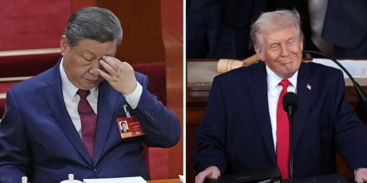 President of the People's Republic of China Xi Jinping (Left) rubs his eye in the Great Hall of The People in Beijing on March 5, 2026. President Donald Trump (Right) smiles at podium in the House of Representatives chamber as he gives his State of the Union address on Feb. 24, 2026.
