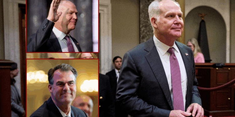(L-top) WASHINGTON, DC - MARCH 24: Newly sworn-in Sen. Alan Armstrong (R-OK) participates in a ceremonial swearing in ceremony in the Old Senate Chamber at the U.S. Capitol Building on March 24, 2026 in Washington, DC. Armstrong, a longtime petroleum executive, was sworn in as an interim Senator for Oklahoma to replace Markwayne Mullin, who was tapped to replace Kristi Noem as the new U.S. Secretary of Homeland Security. (Photo by Andrew Harnik/Getty Images) / (L-bottom) WASHINGTON, DC - FEBRUARY 18: Oklahoma Gov. Kevin Stitt is introduced by David Rubenstein alongside Maryland Gov. Wes Moore at the Economic Club on February 18, 2026 in Washington, DC. As Chair and Vice Chair of the National Governors Association, Stitt and Moore discussed the NGA’s bipartisan “Reigniting the American Dream” initiative. (Photo by Heather Diehl/Getty Images)/ (Background) WASHINGTON, DC - MARCH 24: Newly sworn-in Sen. Alan Armstrong (R-OK), accompanied by his wife Shelly, arrives for a ceremonial swearing in ceremony with Senate President Pro Tempore Charles Grassley (R-IA) in the Old Senate Chamber at the U.S. Capitol Building on March 24, 2026 in Washington, DC. Armstrong, a longtime petroleum executive, was sworn in as an interim Senator for Oklahoma to replace Markwayne Mullin, who was tapped to replace Kristi Noem as the new U.S. Secretary of Homeland Security. (Photo by Andrew Harnik/Getty Images)