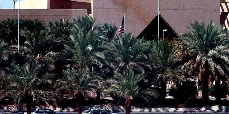 (FILES)--A general view of the US Embassy in the Saudi capital Riyadh taken 2002. The United States ordered its non-essential diplomats in Saudi Arabia to leave the country due to heightened security fears in the kingdom and urged US citizens there to leave. AFP PHOTO/Bilal QABALAN (Photo by BILAL QABALAN / AFP) (Photo by BILAL QABALAN/AFP via Getty Images)