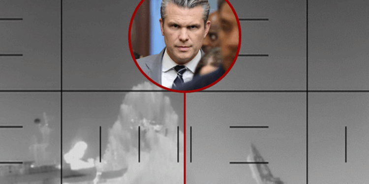 (L) Screen capture of the IRIS Shahid Soleimani after being hit by a U.S. torpedo. (via: Department of War; X) / (R) Screen capture of the IRIS Shahid Soleimani after being hit by a U.S. torpedo. (via: Department of War; X) / (C) U.S. Secretary of War Pete Hegseth arrives to deliver Congressional briefings on Iran at the U.S. Capitol on March 3, 2026 in Washington, DC. Trump administration Cabinet officials will be briefing all lawmakers in the House and Senate on U.S. and Israeli attacks on Iran. (Photo by Kevin Dietsch/Getty Images)