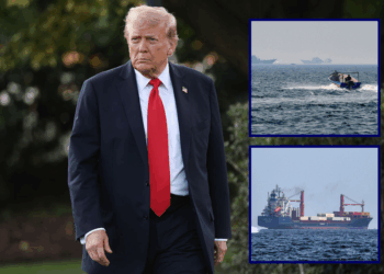 U.S. President Donald walks toward reporters while departing the White House on September 11, 2025 in Washington, DC. (Photo by Win McNamee/Getty Images) / A boat approaches the St Kitt
