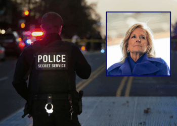 (Background) A member of the U.S. Secret Service responds to a shooting near the White House on November 26, 2025 in Washington, DC. Two members of the West Virginia National Guard were shot blocks from the White House in what authorities are calling a targeted shooting. (Photo by Andrew Leyden/Getty Images) / (R) Former US First Lady Jill Biden attends a farewell ceremony at Joint Base Andrews, Maryland, on January 20, 2025, following Donald Trump