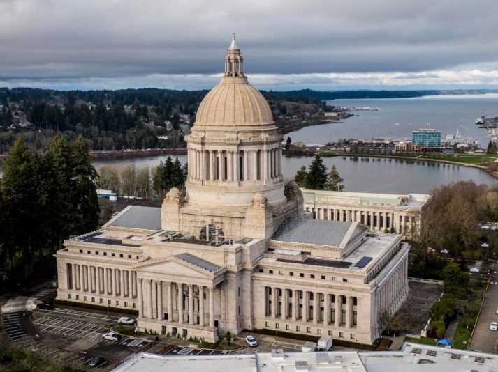 OLYMPIA, WA - JANUARY 17: In this aerial view from a drone, the Washington State Capitol is seen on January 17, 2021 in Olympia, Washington. Supporters of President Donald Trump gathered at state capitol buildings throughout the nation today to protest the presidential election results and the upcoming inauguration of President-elect Joe Biden. (Photo by David Ryder/Getty Images)
