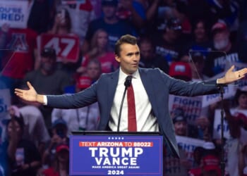Turning Point USA founder Charlie Kirk speaks during a campaign rally for President Donald Trump at Desert Diamond Arena on Aug. 23, 2024, in Glendale, Arizona.