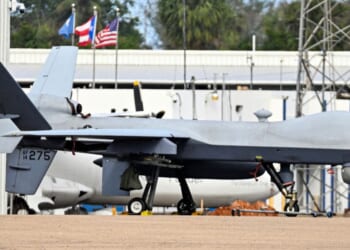 A U.S. Air Force MQ-9 Reaper drone is pictured at Rafael Hernandez Airport in Aguadilla, Puerto Rico, on Nov. 30, 2025.