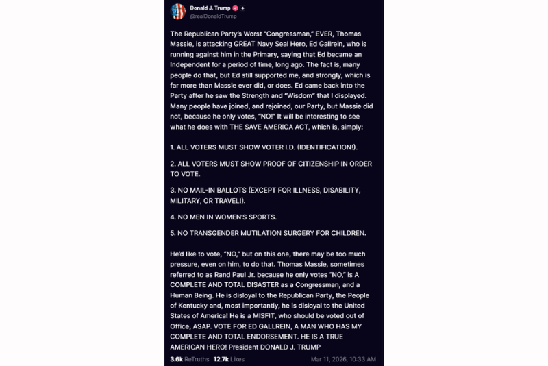 President Donald Trump's Truth Social post