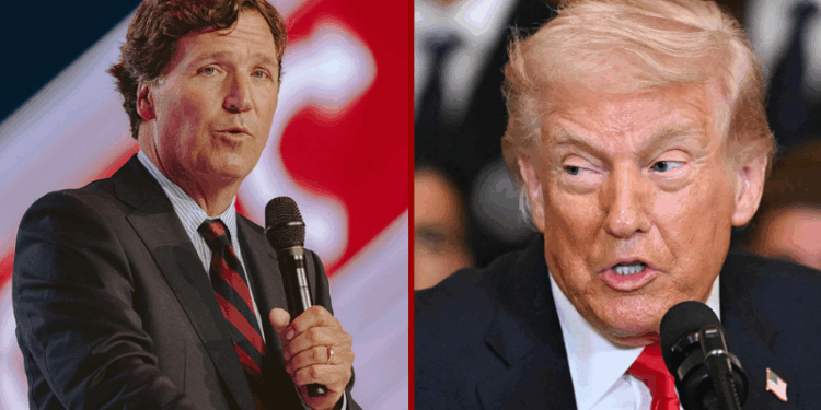 (L) Conservative political commentator and podcast host Tucker Carlson speaks at Turning Point