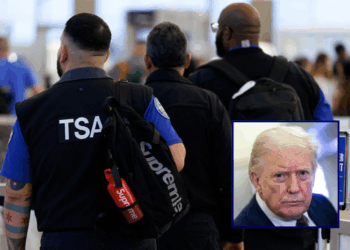 (Background) A TSA agent works at a security checkpoint at Ronald Reagan National Airport in Arlington, Virginia, on March 9, 2026. (Photo by Aaron Schwartz / AFP via Getty Images) /(R) U.S. President Donald Trump speaks to members of the media onboard Air Force One out of West Palm Beach, Florida, on March 15, 2026. (Photo by Nathan Howard/Getty Images)