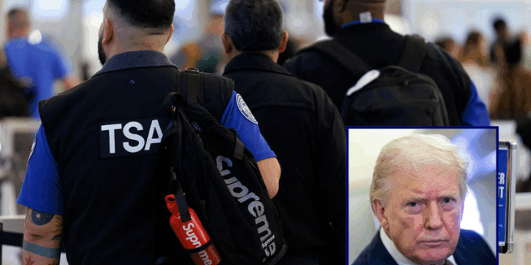 (Background) A TSA agent works at a security checkpoint at Ronald Reagan National Airport in Arlington, Virginia, on March 9, 2026. (Photo by Aaron Schwartz / AFP via Getty Images) /(R) U.S. President Donald Trump speaks to members of the media onboard Air Force One out of West Palm Beach, Florida, on March 15, 2026. (Photo by Nathan Howard/Getty Images)