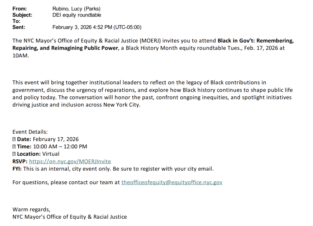 An invitation to a racial equity roundtable for city employees organized by Mamdani’s Office of Equity & Racial Justice sponsored a racial equity roundtable for city employees, including those in the Parks Department. The roundtable, titled, 
