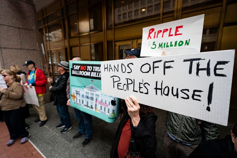 WASHINGTON, DC - APRIL 2: Demonstrators gather outside of the National Capital Planning Commission meeting prior to a vote on April 2, 2026 in Washington, DC. The National Capital Planning Commission is voting on the proposal for a new $400 million ballroom project at the White House. (Photo by Al Drago/Getty Images)