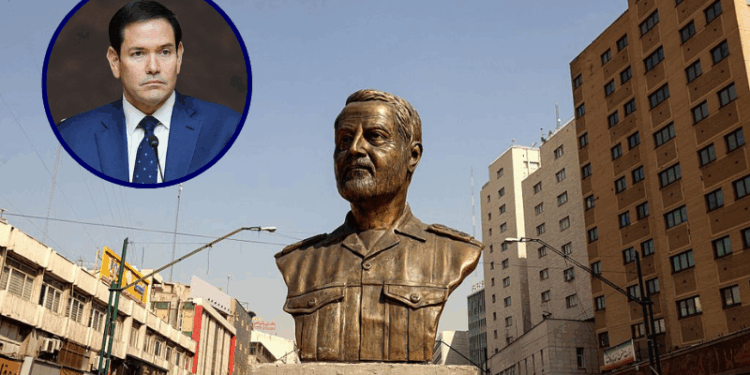 (Background) A statue of Qassem Soleimani, the commander of the Revolutionary Guards, assassinated in Iraq by the US in in 2020, decorates a street in Tehran on February 22, 2026. The US and Iran recently resumed Oman-mediated talks on a potential deal, but Washington has simultaneously increased its military presence in the region, dispatching two aircraft carriers, jets and weaponry to back its warnings. (Photo by ATTA KENARE / AFP via Getty Images) / (L) US Secretary of State Marco Rubio attends a working lunch at the "Shield of the Americas" Summit at Trump National Doral in Miami, Florida, on March 7, 2026. President Trump is hosting a dozen right-wing leaders from Latin America and the Caribbean to discuss issues facing the region, from organized crime to illegal immigration. The summit also aims to serve Washington by boosting US interests in the region and curbing those from foreign powers like China. (Photo by Rebecca Blackwell / POOL / AFP via Getty Images)