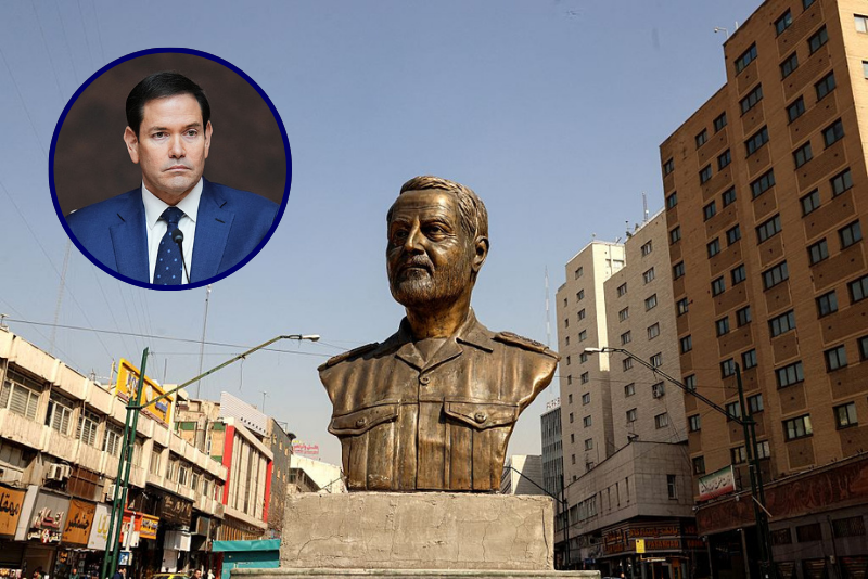 (Background) A statue of Qassem Soleimani, the commander of the Revolutionary Guards, assassinated in Iraq by the US in in 2020, decorates a street in Tehran on February 22, 2026. The US and Iran recently resumed Oman-mediated talks on a potential deal, but Washington has simultaneously increased its military presence in the region, dispatching two aircraft carriers, jets and weaponry to back its warnings. (Photo by ATTA KENARE / AFP via Getty Images) / (L) US Secretary of State Marco Rubio attends a working lunch at the "Shield of the Americas" Summit at Trump National Doral in Miami, Florida, on March 7, 2026. President Trump is hosting a dozen right-wing leaders from Latin America and the Caribbean to discuss issues facing the region, from organized crime to illegal immigration. The summit also aims to serve Washington by boosting US interests in the region and curbing those from foreign powers like China. (Photo by Rebecca Blackwell / POOL / AFP via Getty Images)