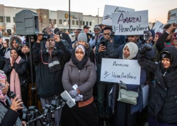 Rep. Ilhan Omar speaks during a rally at the Amazon fulfillment center in Shakopee, Minnesota, on Dec. 14, 2018.