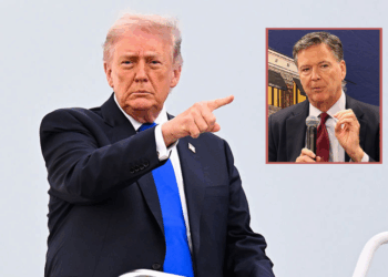 (Background) U.S. President Donald Trump boards Air Force One on April 24, 2026 at Joint Base Andrews, Maryland. President Trump is traveling to Florida to attend a RNC spring retreat and to address a cryptocurrency conference being held at his Mar-a-Lago club. (Photo by Roberto Schmidt/Getty Images) / (Insert) Author James Comey, former FBI Director, speaks at the Barnes & Noble Upper West Side on May 19, 2025 in New York City. Comey sat with Esposito to discuss his career and new book "FDR DRIVE," the third of a series of fictional crime novels featuring attorney Nora Carleton. (Photo by Michael M. Santiago/Getty Images)