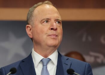 Sen. Adam Schiff of California speaks alongside his fellow Senate Democrats at a news conference Monday in Washington, D.C.