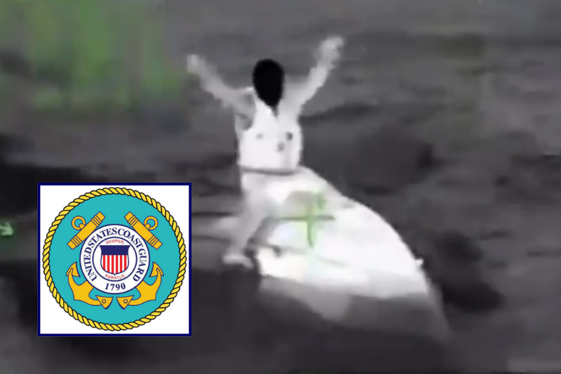 (Background) Screen capture of video footage showing a U.S. Coast Guard and Puerto Rico Police's Joint Forces of Rapid Action rescue mission on Tuesday, March 31, 2026. (via: U.S. Coast Guard Southeast; X) / (L) U.S. Coast Guard logo (via: U.S. Coast Guard)