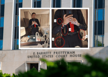 (Background) An exterior view of the E. Barrett Prettyman United States Court House on April 27, 2026 in Washington, DC. The alleged White House Correspondents