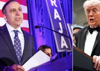 Illinois Rep. Raja Krishnamoorthi, left, seen in a March photo, blamed President Donald Trump for the assassination attempts on the commander in chief.