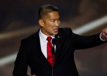 Hung Cao speaks on stage on the second day of the Republican National Convention at the Fiserv Forum on July 16, 2024, in Milwaukee, Wisconsin.