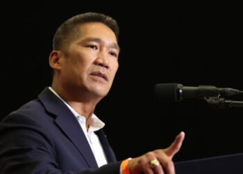 Then-Republican Senate candidate Hung Cao speaks at a campaign event for then-vice presidential nominee JD Vance in Radford, Virginia, on July 22, 2024.