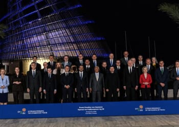 AYIA NAPA, CYPRUS - APRIL 23: EU leaders pose for a family photo before the start of an informal meeting of European Union leaders on April 23, 2026 in Ayia Napa, Cyprus. The EU heads of state and government are meeting over two days to discuss the conflict in Iran and the Middle East, including freedom of navigation in the Strait of Hormuz, the effects of high fuel prices, and how Europe may contribute to de-escalation and a peace agreement. (Photo by Byron Smith/Getty Images)
