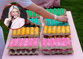 (Background) A volunteer lays out dyed eggs at the White House Easter Egg Roll on the South Lawn of the White House on April 21, 2025 in Washington, DC. The White House is expecting thousands of children and adults to participate in the annual tradition of rolling colored eggs down the White House lawn, which was started by President Rutherford B. Hayes in 1878. / (L) White House Press Secretary Karoline Leavitt speaks during a Turning Point USA stop in the Lisner Auditorium at George Washington University on April 02, 2026 in Washington, DC. The conservative youth organization kicked off their Spring tour, which will visit multiple cities. (Photo by Anna Moneymaker/Getty Images)
