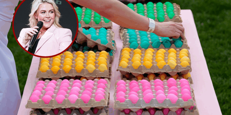(Background) A volunteer lays out dyed eggs at the White House Easter Egg Roll on the South Lawn of the White House on April 21, 2025 in Washington, DC. The White House is expecting thousands of children and adults to participate in the annual tradition of rolling colored eggs down the White House lawn, which was started by President Rutherford B. Hayes in 1878. / (L) White House Press Secretary Karoline Leavitt speaks during a Turning Point USA stop in the Lisner Auditorium at George Washington University on April 02, 2026 in Washington, DC. The conservative youth organization kicked off their Spring tour, which will visit multiple cities. (Photo by Anna Moneymaker/Getty Images)