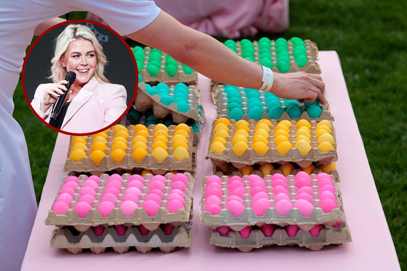 (Background) A volunteer lays out dyed eggs at the White House Easter Egg Roll on the South Lawn of the White House on April 21, 2025 in Washington, DC. The White House is expecting thousands of children and adults to participate in the annual tradition of rolling colored eggs down the White House lawn, which was started by President Rutherford B. Hayes in 1878. / (L) White House Press Secretary Karoline Leavitt speaks during a Turning Point USA stop in the Lisner Auditorium at George Washington University on April 02, 2026 in Washington, DC. The conservative youth organization kicked off their Spring tour, which will visit multiple cities. (Photo by Anna Moneymaker/Getty Images)